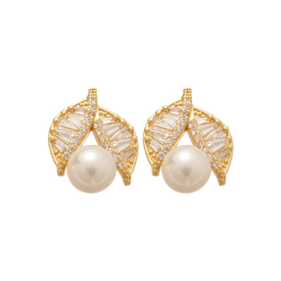 14k Gold-Plated Leaf & Pearl Zirconia Stud Earrings - Elegant Silver Needle Jewelry for Women