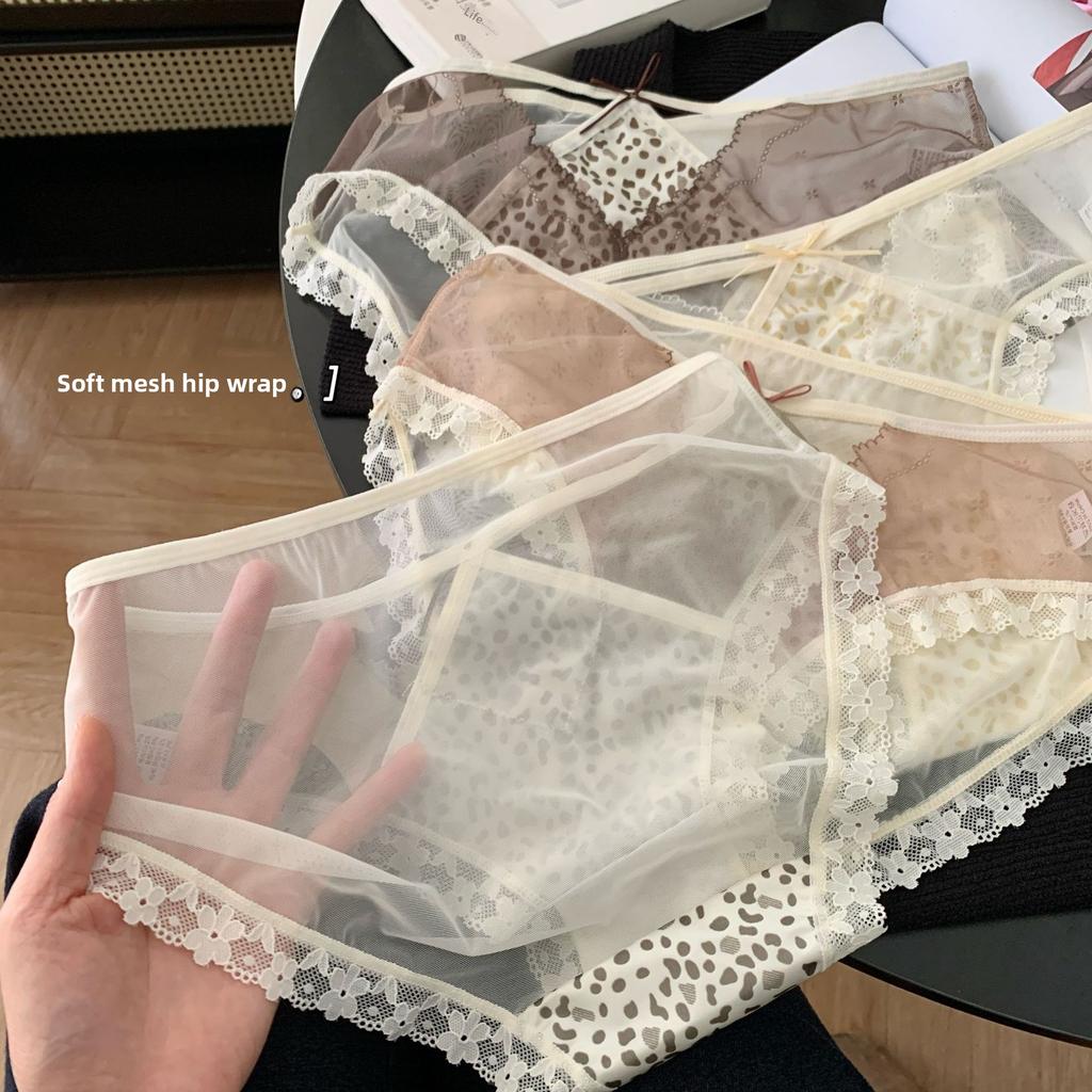 Lady Summer Sexy Leopard Print Pure Want Hollow Lace Lengthen Crotch In Low Waist Triangle Briefs