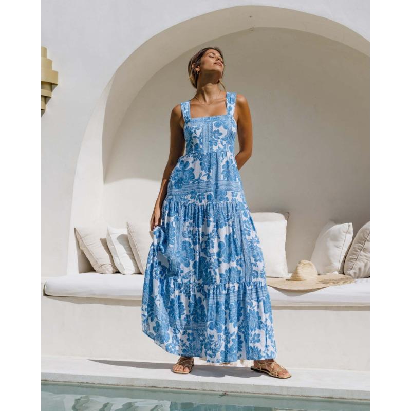 YYFS Women's Fashion Summer Spring Flower Pattern Print Sleeveless Suspenders High Waist Casual Dresses