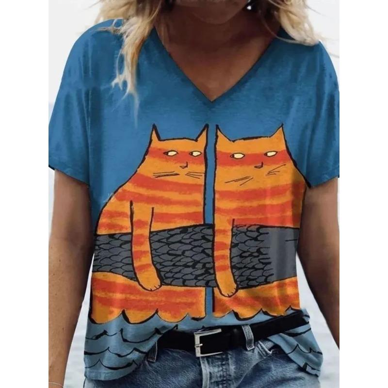 Cartoon T-shirt Women's Short Sleeve Summer Outdoor Casual V-Neck Short Sleeve Tops Oil Painting Puppy Print Plus Size Clothing