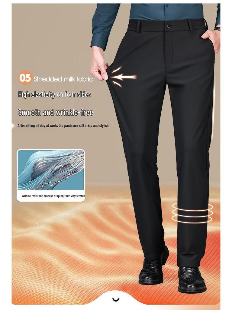 Men's Elastic Milk Silk Fleece-lined Business Casual Pants for Autumn/Winter