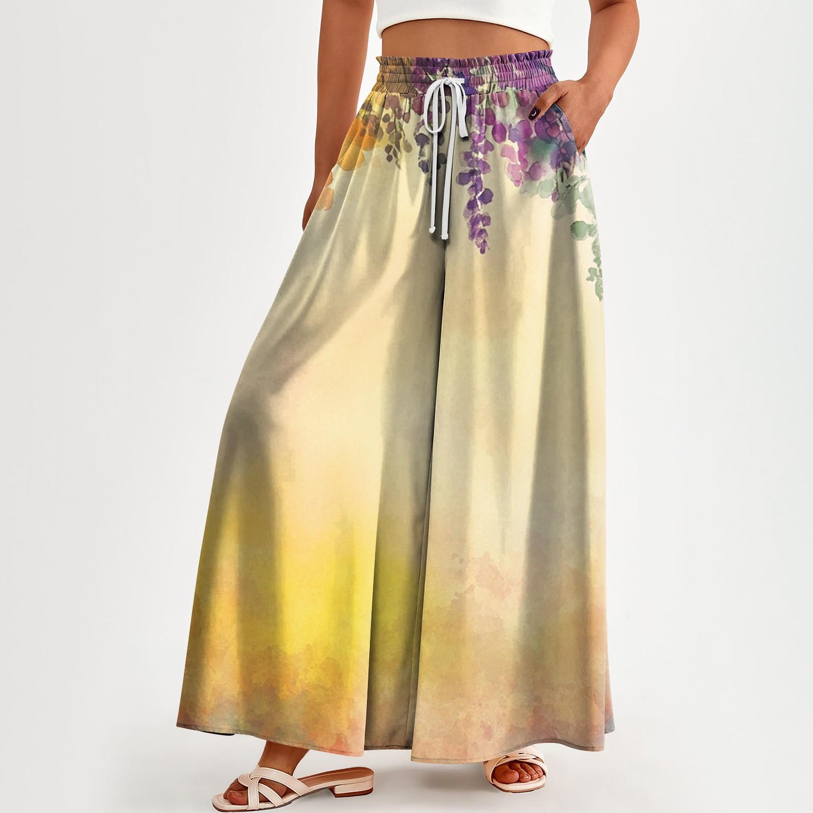 

Женские брюки с высокой талией и карманами, повседневные брюки с цветочным принтом XL жёлтый