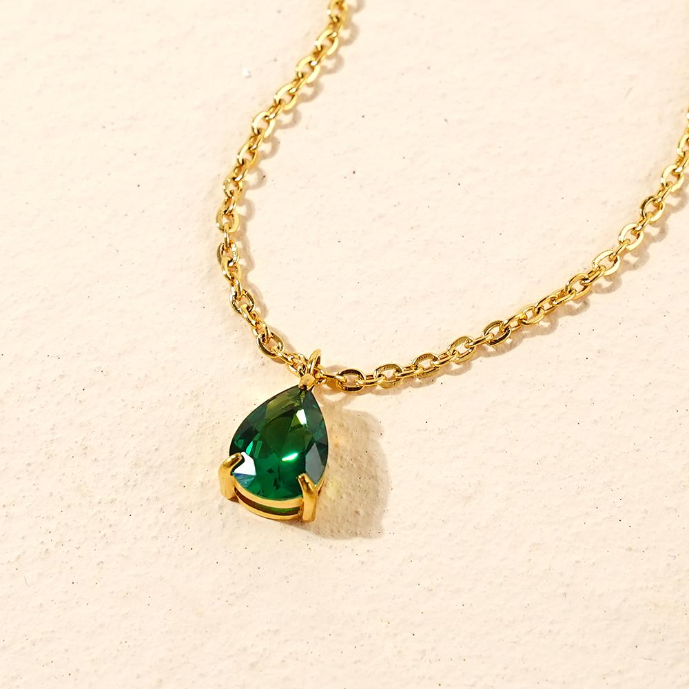 Dainty Birth Stone Jewelry Gift 18k Gold Plated Stainless Steel Zircon Water Drop Teardrop Pendant Birthstone Necklace for Women
