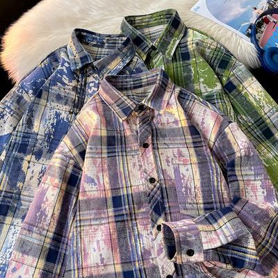 Wukong Goods Americká retro košile s dlouhým rukávem s batikovaným kostkovaným vzorem Pánská a dámská jarní módní značka Niche High Street ležérní košile