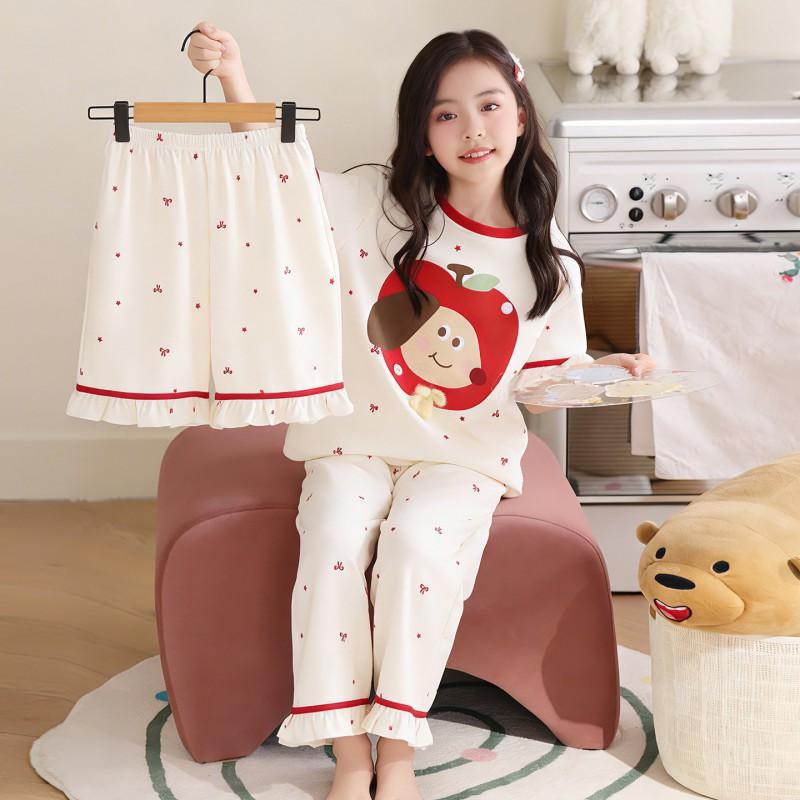 2026 Cotton Pajama Set Girls Short Sleeve Thin Sleepwear Sweet Cartoon Print Kids Home Outfit