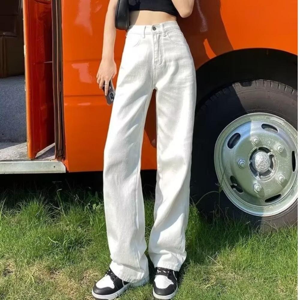 Women's High Rise Straight Leg Jeans Loose Fit Fresh Style No Stretch White Drapey Denim Trousers