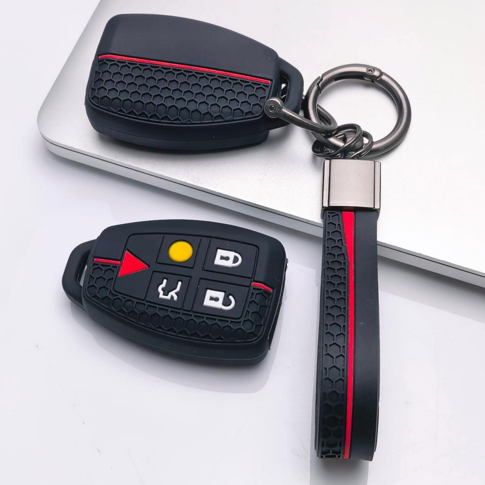 Silicone Key Fob Cover with keychain for Volvo XC90 XC70 XC60 S80 S60 V70 V50 C30 This Soft Protective Key Case Fits 5 Button Smart Remote Keys It