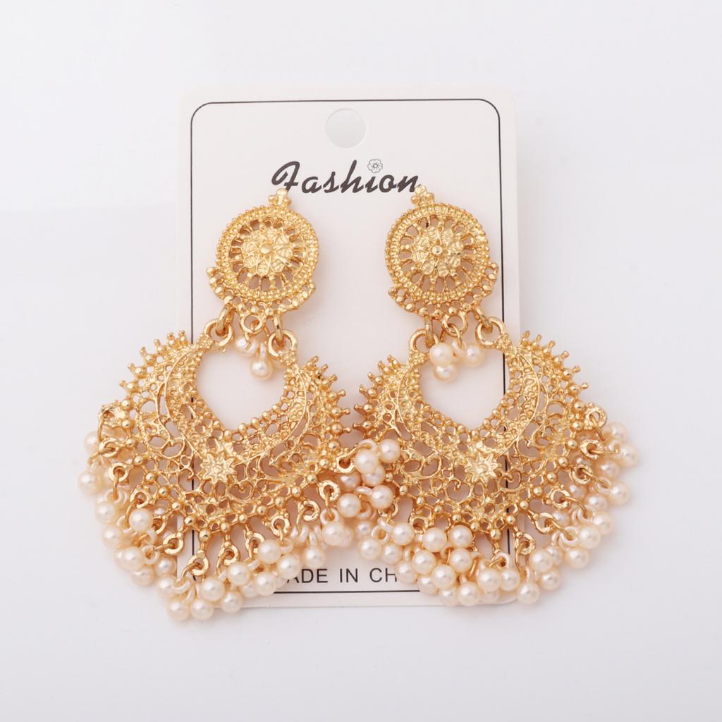 European and American Exaggerated Pearl Earrings Bohemian Retro Ethnic Style Alloy Small Bell Pendant Fringed Earrings Women