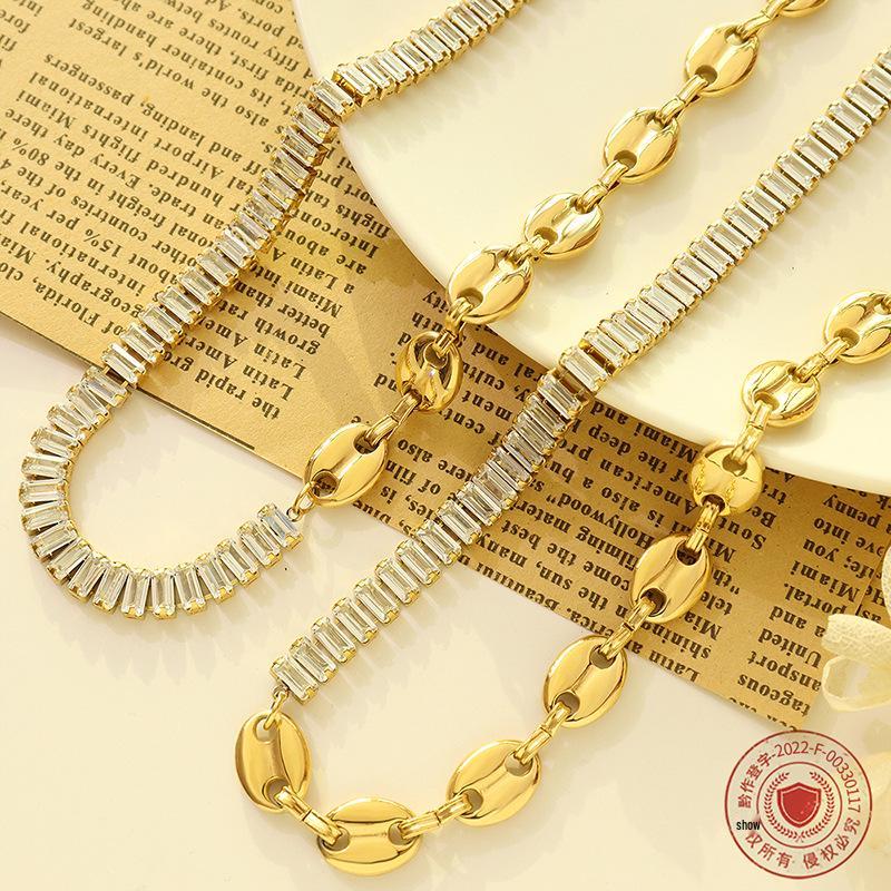 Geometric Zircon Pig Nose Spliced Bracelet & Necklace Set - European/American Nude Chain, Non-Fading P196-E009