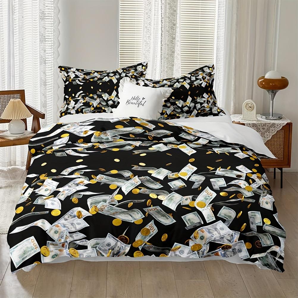 Dollar Printed Duvet Set, Dollar Bill Bedroom Bedding Quilt Set Three-Piece Set
