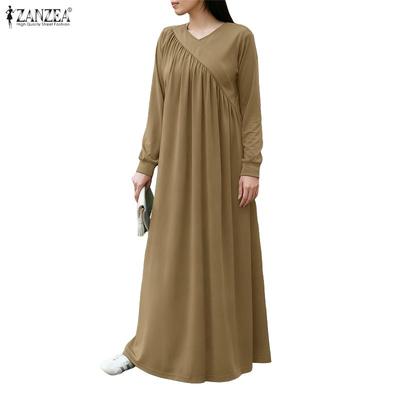 Women Casual V-Neck Long Sleeve Loose Long Dress