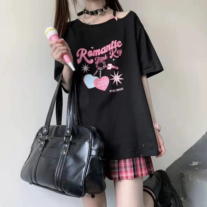 Women Kawaii Off Shoulder T-shirt Harajuku Sweet Girl White Tops Y2k Aesthetic Cute Graphic Tees Japanese Fashion Shirt
