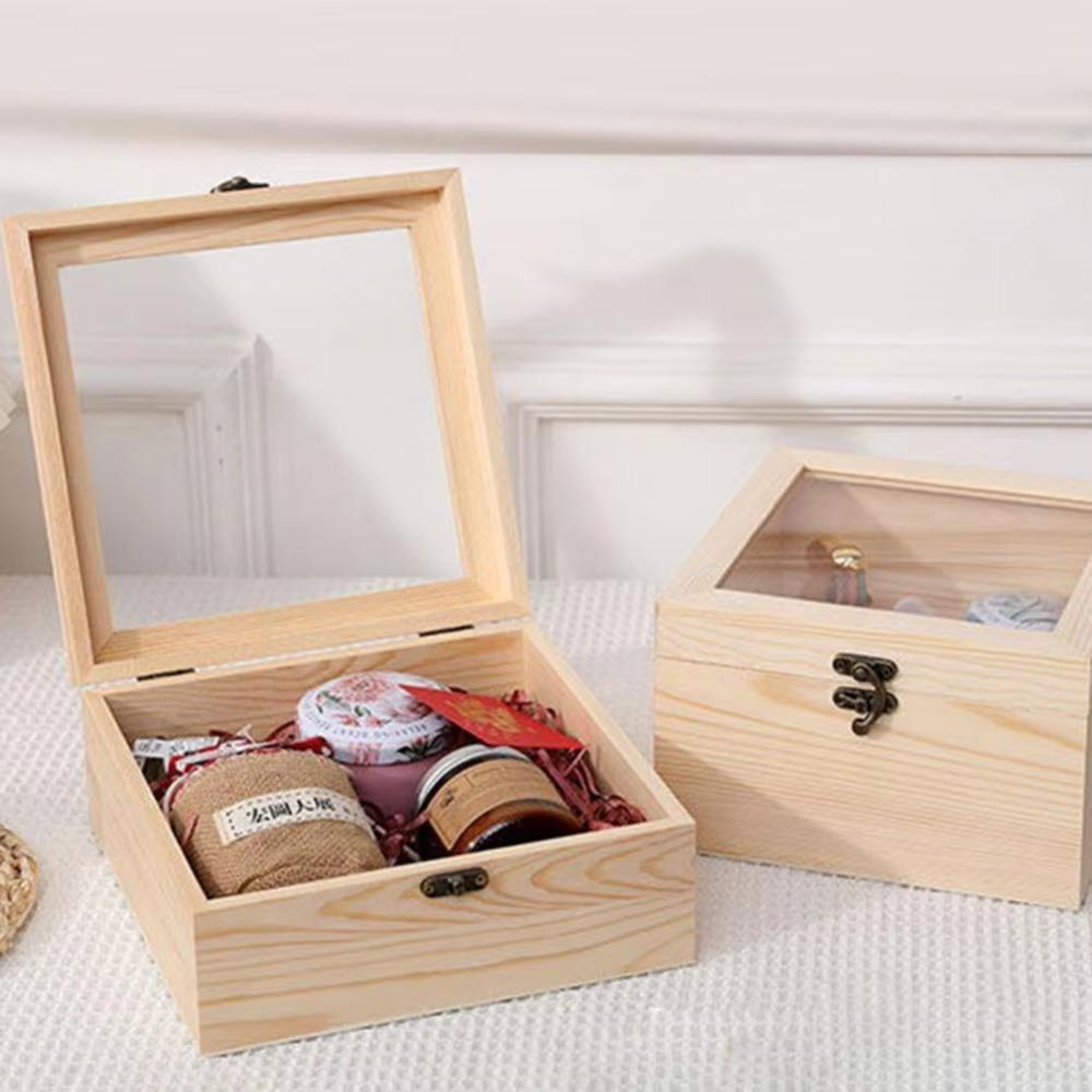 Retro Jewelry Box Rectangular Desktop Organizer Clamshell Container Wooden Storage Box Family