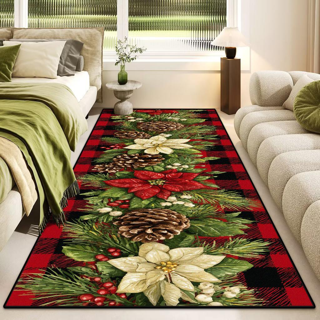 Merry Christmas Poinsettia Plaid Kitchen Rug Lliving Room Entrance Non-slip Door Mat Balcony Bath Floor Mat Christmas Decoration