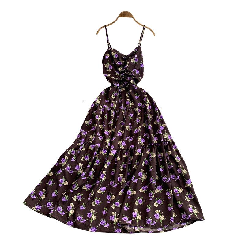 French floral suspender dress women's summer new sexy backless waist thin pleated pendulum dress