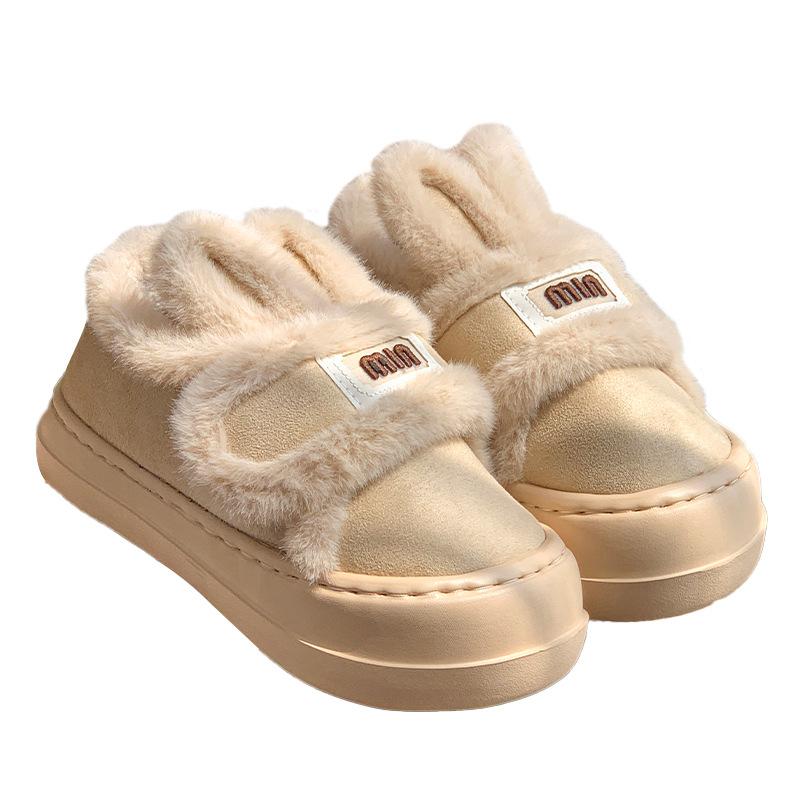 Rabbit ear cotton slippers winter 2025 new indoor home platform cute plush warm bag and cotton shoes outside wear