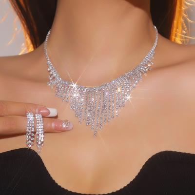 Europa, America, set di due pezzi di orecchini con collana e nappe di diamanti super flash di alta qualità, set di gioielli da sposa