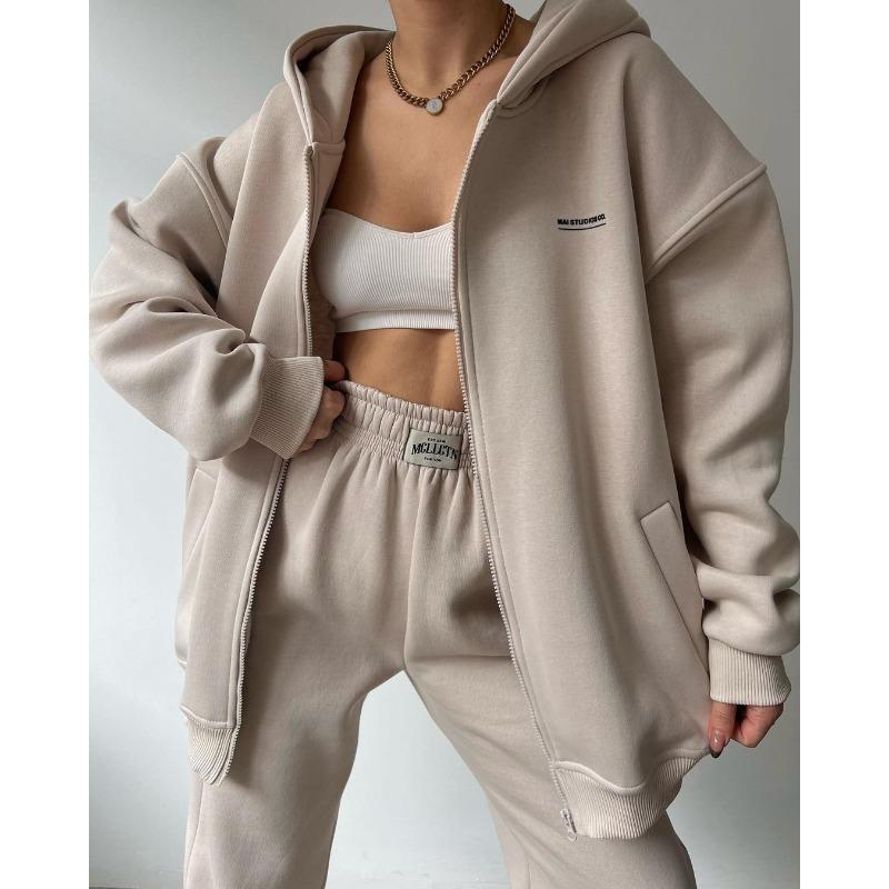 Damen Langarm Fleece Bedrucktes Kapuzensweatshirt und Lässige Hose Zweiteiliges Set