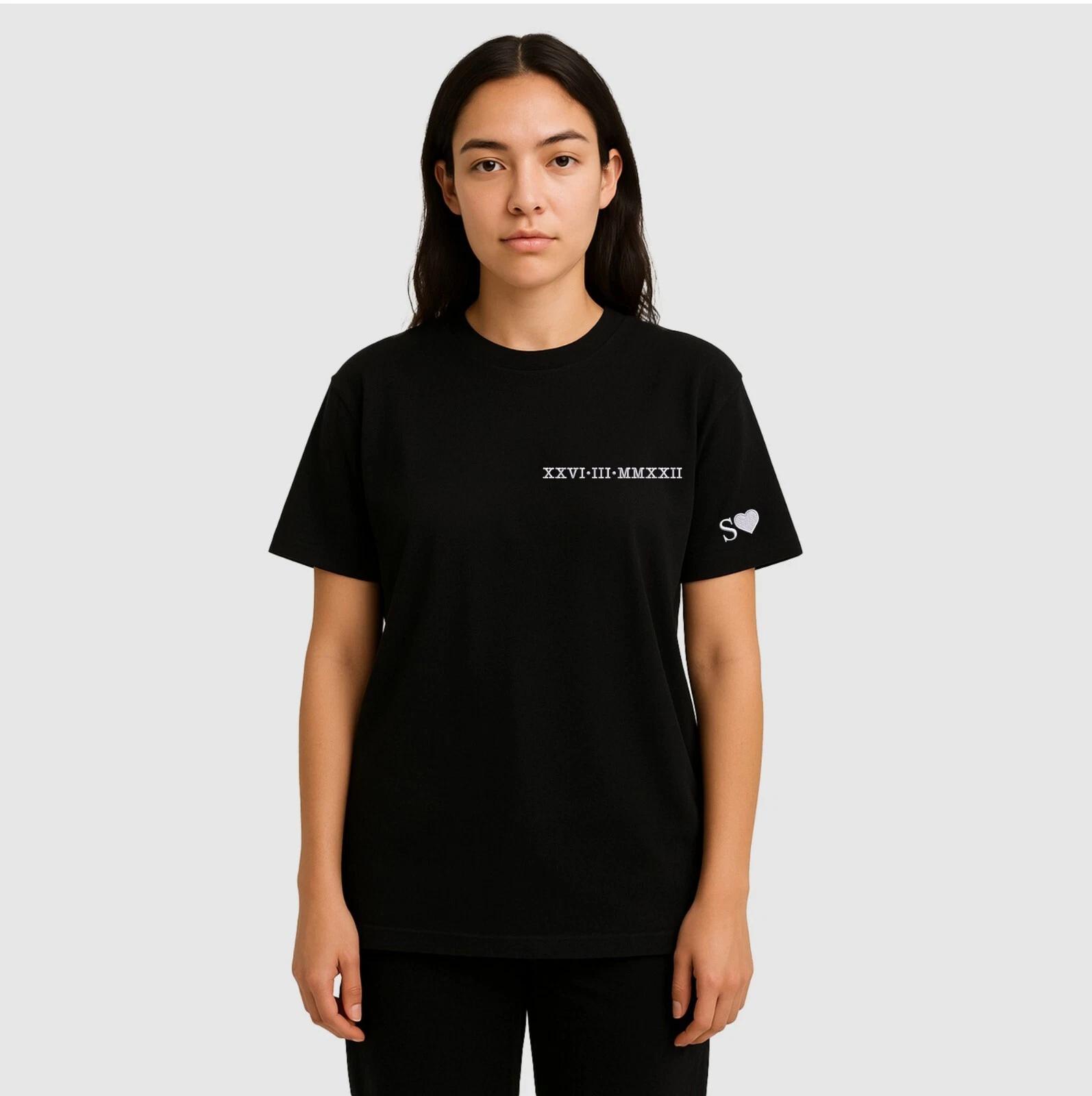 Roman Numeral Embroidered Oversized T Shirt Custom Date Any Alphabet & Heart Top XL