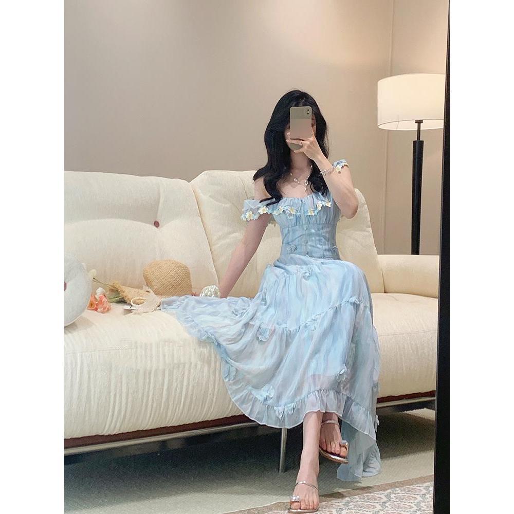 Pure Spring Girl Wear Gentle Xiaofei Sleeve Suspender Dress Women's Summer Yellow Versatile Long Dress