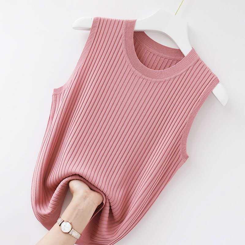 

Summer new round neck vest women s wide shoulder strap versatile ice silk thin sleeveless knitted solid color outerwear top 4xl recommended 80-90kg