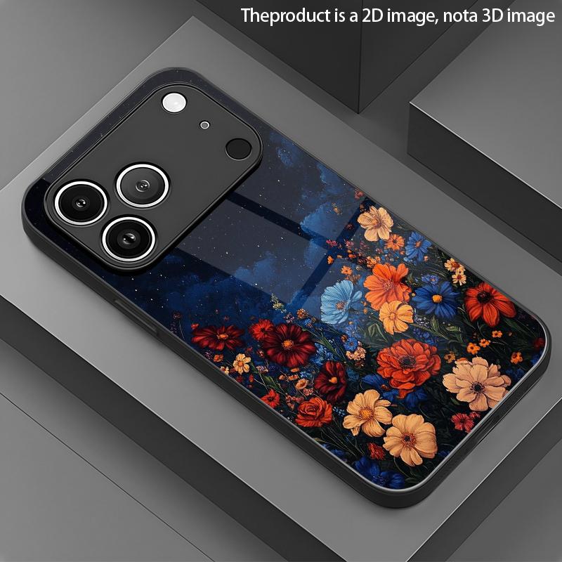Dark Night Floral Pattern 2D Phone Case for iPhone 17 16 15 14 13 12 11 X XR XS Max Pro 8 Plus - Black Glass Protective Cover