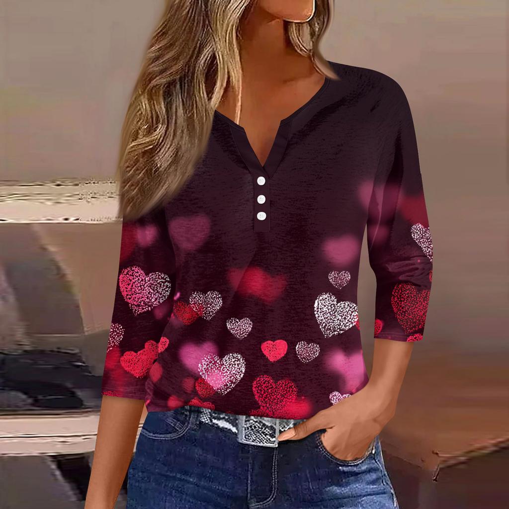 Camiseta feminina com estampa de botão, manga 3/4, moda diária de fim de semana, básica, decote em V, top regular