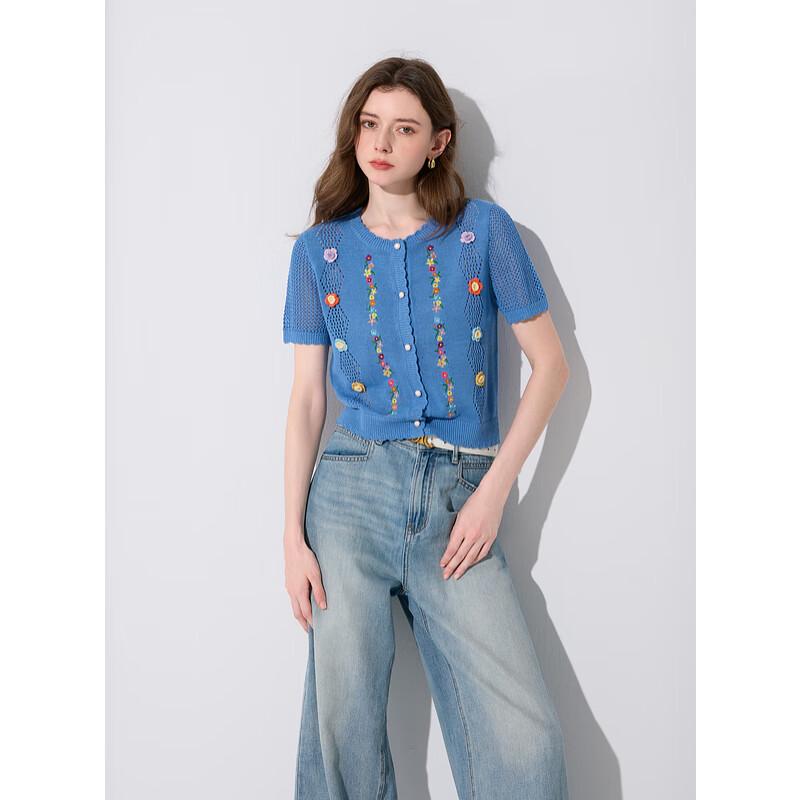 Sancai Women's 2025 Summer Hollow Floral Knit Short Sleeve Cardigan