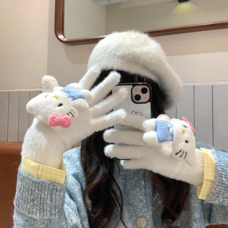 Cute Cartoon Plush Gloves Female Winter Warm Thickened Student Riding Touch Screen Split-finger Gloves Three-dimensional