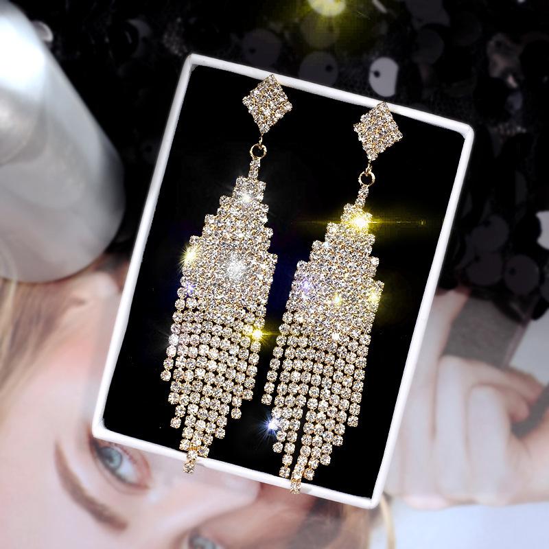 Korean Versatile Rhinestone Tassel Earrings S925 Silver Needle Long Studs for Women