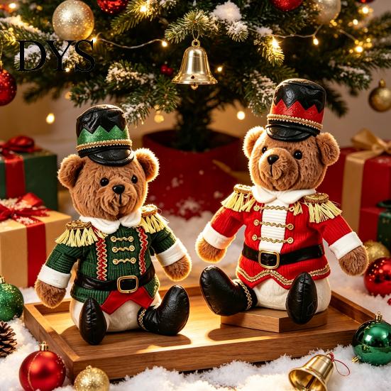 Winter Holiday Fireplace Decoration Christmas Soldier Bear Nutcracker Plush Figurine, Red Green Uniform Sitting Decor Doll for Home, Soft Stuffed