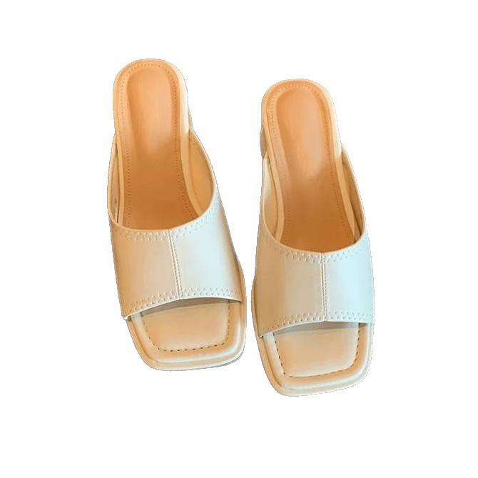 Cowhide Version~ Korean Square Head Slope Heel Open-toed One-word Cool Slippers for Women To Wear 2025 Summer Fashion High-heeled Sandals