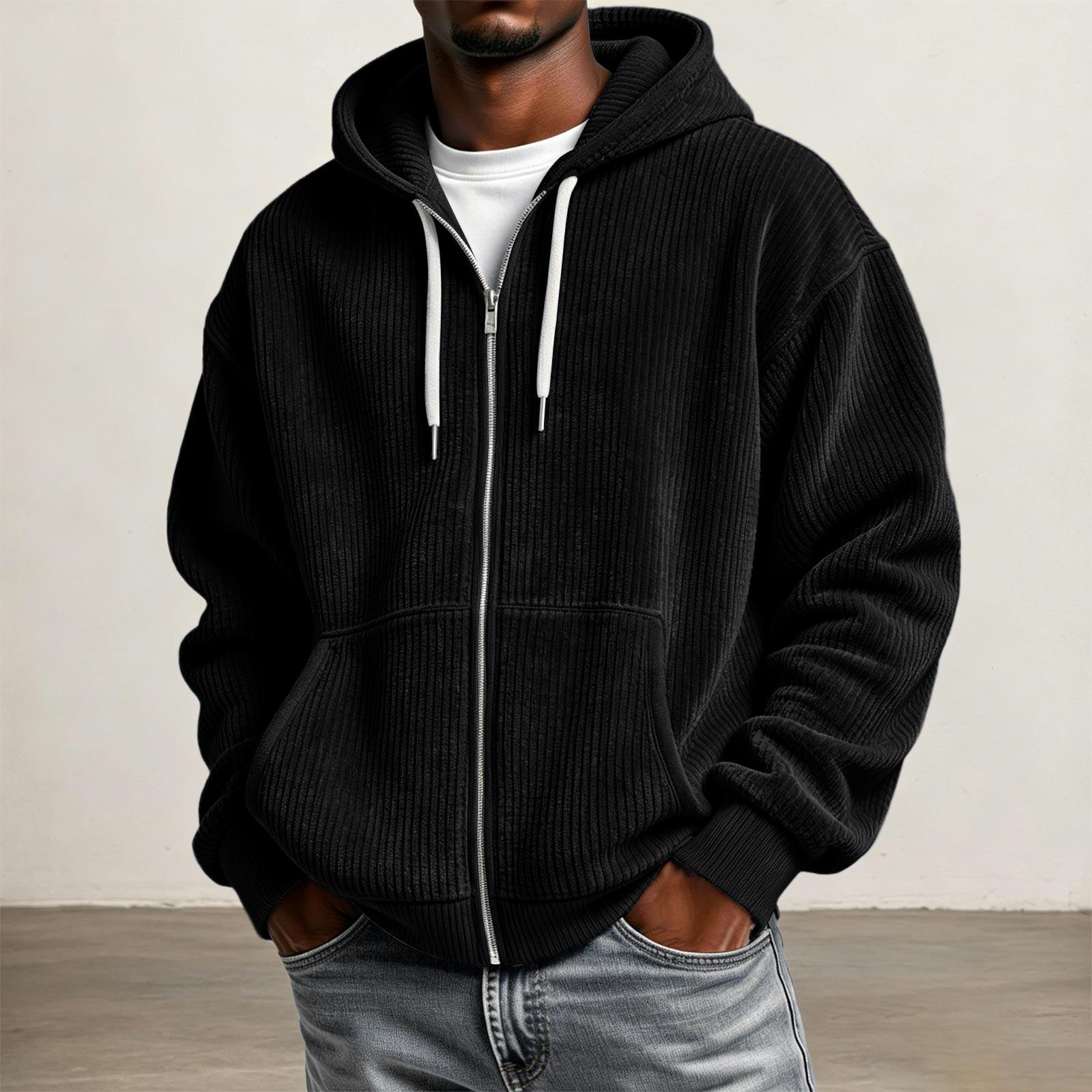 Men s Corduroy Zip Up Hoodie with Dropped Shoulder L
