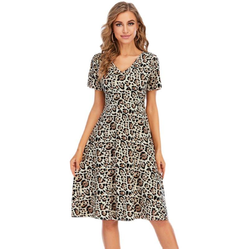 Leopard Print Printed V-neck Midi Short Sleeve Dress