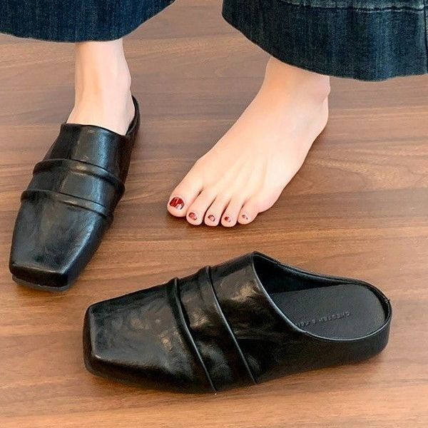 Soft pleated ballet shoes for men and women of the same style, Mueller shoes, square head leather shoes, flat shoes, commuter outer slippers