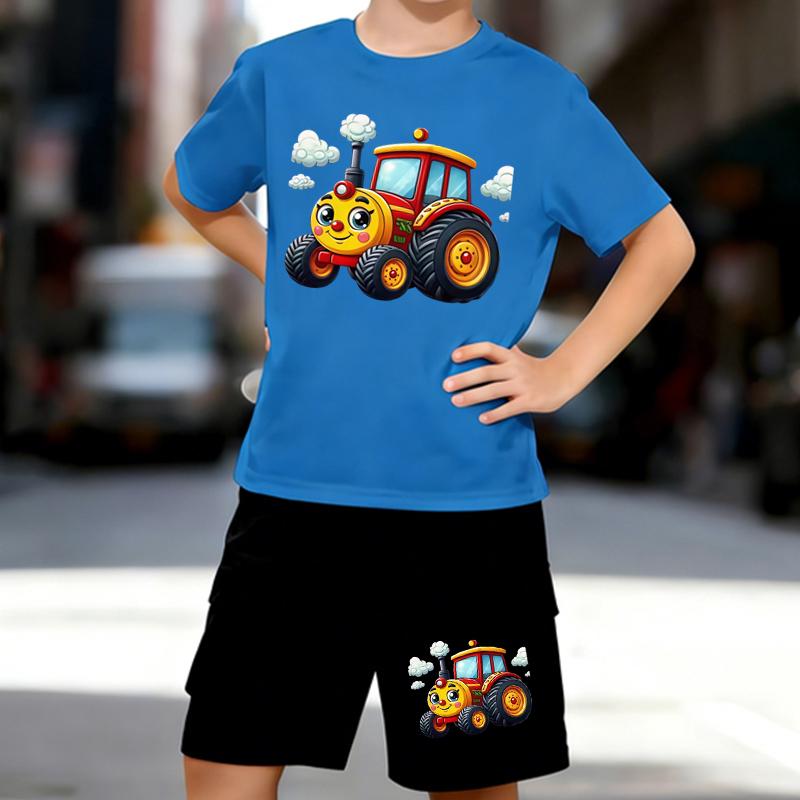 Boys 2 Piece Cartoon Tractor Printed Outfit, Short Sleeve T-Shirt and Shorts Set for Kids Age 5-14, Black and White Sporty Casual Summer Clothes