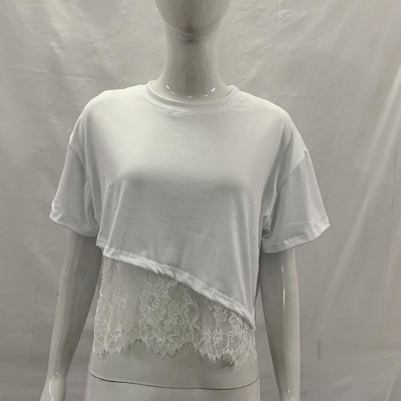 Small niche mesh lace patchwork summer short sleeved irregular loose T-shirt S