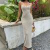 European and American New Dresses Striped Knitted Versatile Casual Neck Holiday Dresses Spot Wholesale