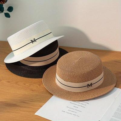 Ladies Panama Wide-brimmed Straw Hat Jazz Hat Summer Hat Ladies Sun Hat Simple Flat Top Hat