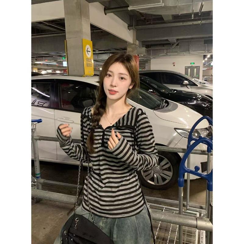 Frühling Herbst Vintage Gestreift Druck Lässig Mode Kapuzenpullover Damen Langarm Halb Offener Kragen Pullover T-Shirt Top