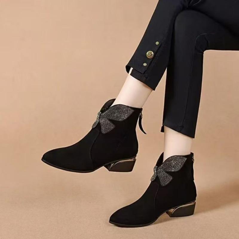 Suede Pointed Thick Heel Short Boots Women's Autumn and Winter Fashion Velvet Low Heel Frosted Leather Rhinestone Bow Versatile Boots