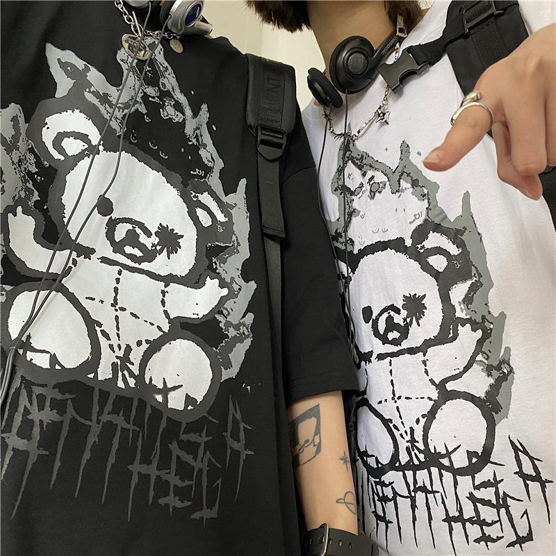 Cross-border summer new trendy brand pure cotton bear cartoon printed men's clothing Korean version loose short-sleeved T-shirt men's couple clothing