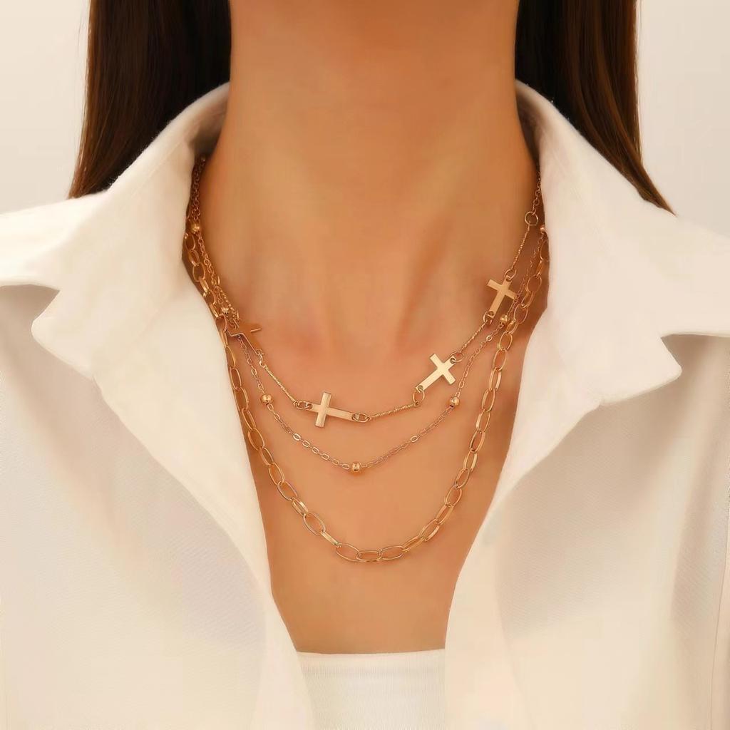 European and American Ins Alloy Retro Pearl Cross Pendant Accessories Punk Versatile Multi-layer Sweater Necklace Female Trend