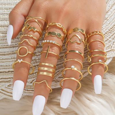Conjunto de anéis fofos para meninas estudantes, acessórios versáteis para jantar, anel, anel, borboleta dupla, coração oco, anel globo, 22 peças