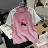 Girls' Trendy Patchwork Striped Cotton T-Shirt - Summer Short-Sleeve Round Neck for Medium & Large Sizes