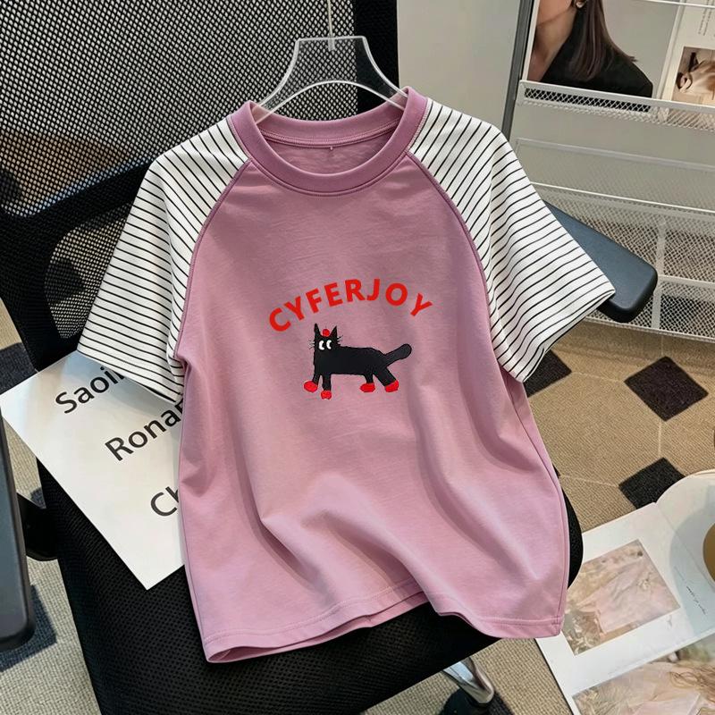 Girls' Trendy Patchwork Striped Cotton T-Shirt - Summer Short-Sleeve Round Neck for Medium & Large Sizes