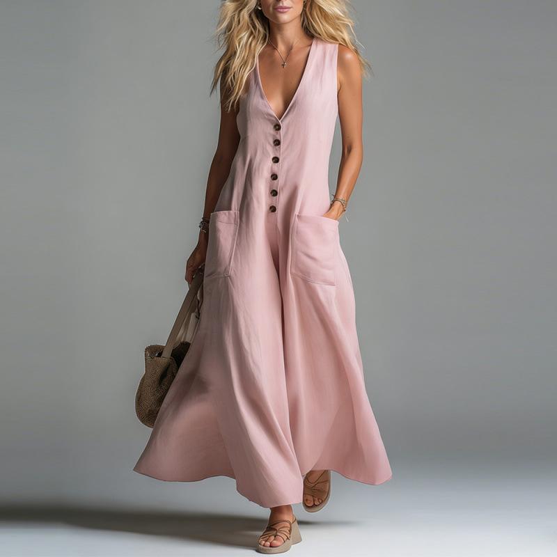 2026 spring European and American cross-border temperament elegant patch pocket deep V-neck sleeveless polyester dress