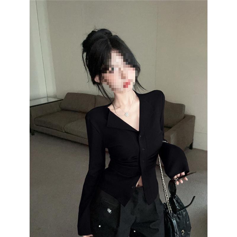 

Wine Red Slim Fit Korean Style V-Neck Long Sleeve Top for Women Extra Large чорний