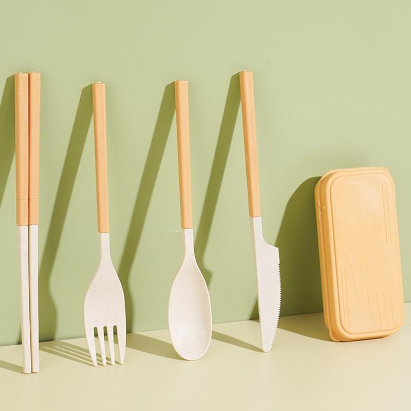 Japanese-Style Wheat Straw Cutlery Set Knife Fork Spoon Chopsticks - Three-Piece Folding Portable Cutlery