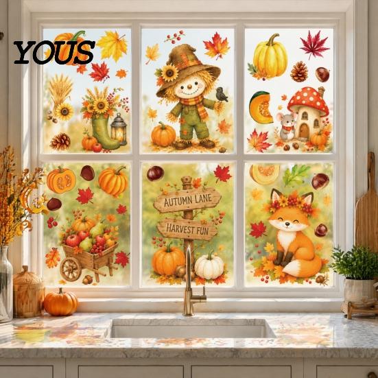 Holiday Window Decals for Glass 6 Sheets Autumn Harvest Stickers, Thanksgiving Cartoon Static Cling Decorations with Fall Art Pumpkins Maple